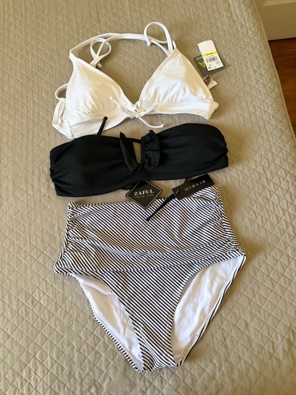 Zaful Black and White Striped 3-Piece Swim Set